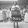 Albertina Sisulu, a leader of the UDF, briefs a group of women 1984.