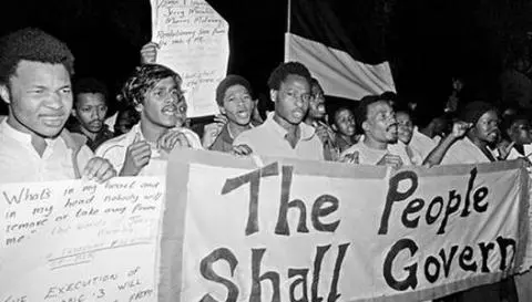 Students march after night vigil, Durban, 1984