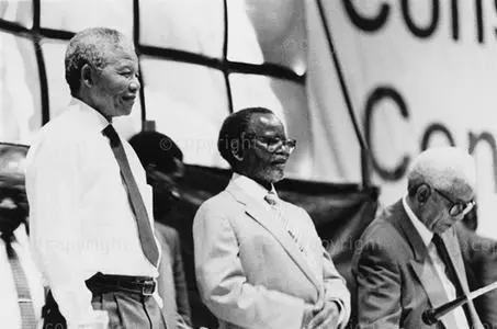 Nelson Mandela, Oliver Tambo and Walter Sisulu at ANC consultative conference at NASREC