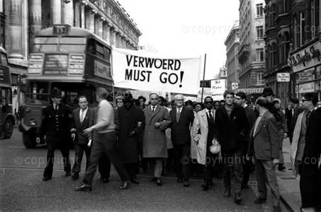 In front from left Oliver Tambo, Kusen Guizi, Dr Y Dadoo, Fenner Brockway Labour MP, and Nana Mahoma