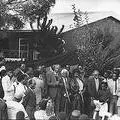 1990: Nelson Mandela speaks to the crowds outside his Soweto home, after his release from prison 
