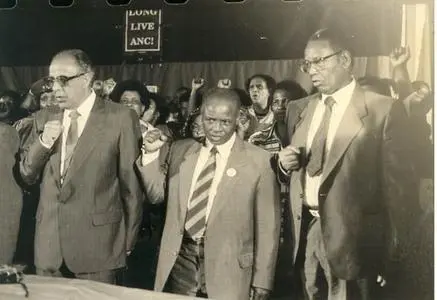 A few days after their release from prison, Ahmed Kathrada, Elias Motsoaledi and Walter Sisulu, address a press conference in Le