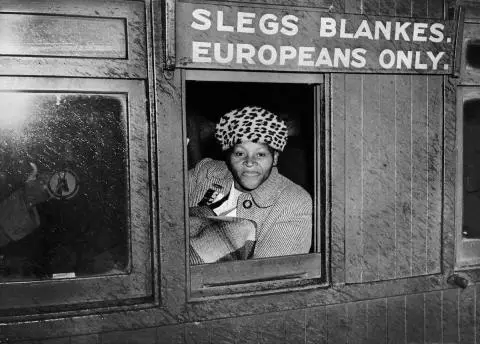 A woman in a train compartment reserved for Whites protesting against Apartheid