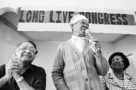 Mrs Luthuli, Mrs Sisulu and Dr. Jassat at anti SAIC meeting, Durban, 1981