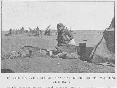 In the Native Refugee Camp at Klerksdorp, washing the baby. Circa 1900