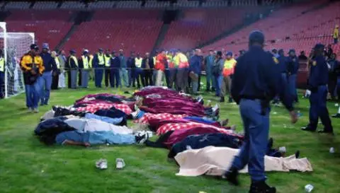 At least forty-three people were killed in a stampede at Ellis Park stadium, Johannesburg - 11 April 2001