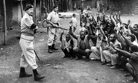 Suspect insurgents held by British troops, during the Mau Mau rebellion