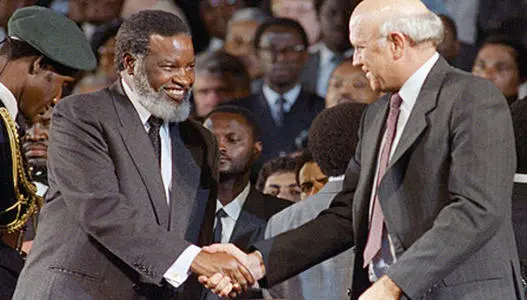 Sam Nujoma and FW de Klerk shake hands as Namibia gains Independence - March 1990