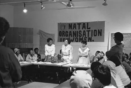 Mrs Sisulu (centre) and executive members of the Natal Organisation of Women at the launch of NOW