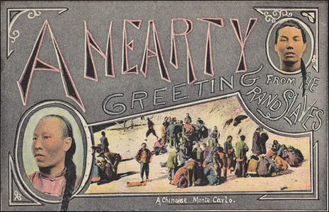 Postcard showing groups gambling in close proximity to mine dumps