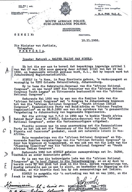 A visual archive of letters from South African Police to Walter sisulu