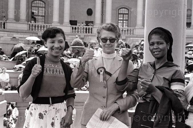 Sophie Williams, Helen Joseph and Lilian Ngoyi at the Women's March, on 9 August 1956