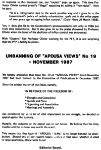 Unbanning of Apdusa Views No 19 - November 1987