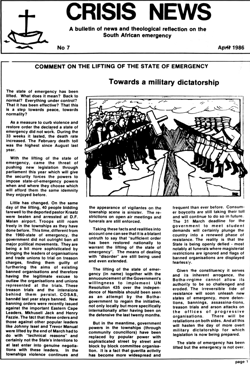 Crisis News Number 7 April 1986
