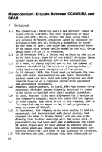 Memorandum: dispute between CCAWUSA and Spar