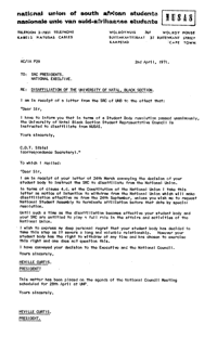 Letter from Neville Curtis, President, NUSAS, to SRC Presidents and National Executive
