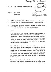 Message from the Permanent Representative, New York, to D W Auret, Cape Town
