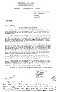Letter from D. V. Naidoo and Steve Biko to Fort Hare re Conference in December at Mariannhill, Oct. 14, 1968, with enclosed statement, Background to the conference, 