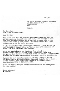 Letter from M. Morobe (SASM) to the Secretary of SASM, King Williams Town 