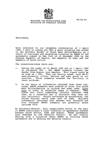 Letter from R F Botha, Minister of Foreign Affairs, South Africa, to His Excellency Mr Javier Perez de Cuellar, Secretary-General of the United Nations, New York
