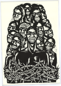 
Black and white artwork of people bound with barbed wire
