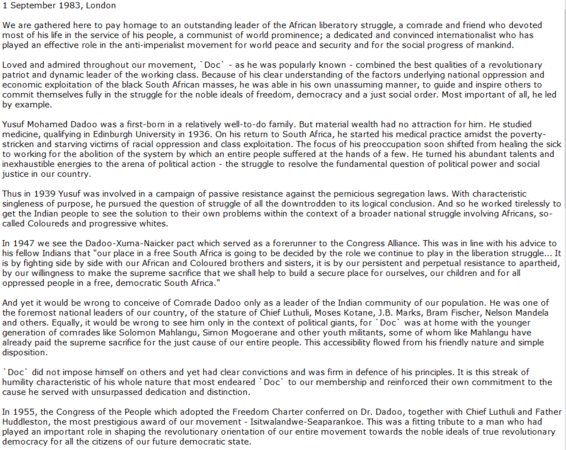 Message of the National Executive Committee of the ANC, delivered by Mr. Tambo, at the funeral of Dr. Yusuf M. Dadoo