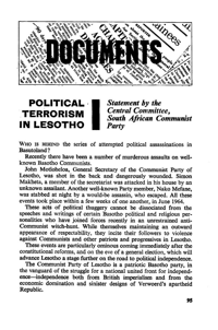 Political terrorism in Lesotho: statement by the Central Committee, South African Communist Party
