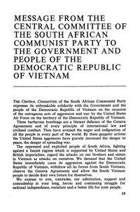 Message from the Central Committee of the South African Communist Party to the Government and People of the Democratic Republic of Vietnam