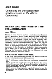 Nigeria and Westminster type Parliamentarism