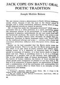 Jack Cope on Bantu oral poetic tradition