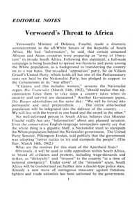 Editorial notes: Verwoerds Threat to Africa