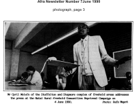 Mr Cyril Molefe of the Stoffelton and Stepmore complex of freehold areas addresses the press at the Natal Rural Freehold Communities Reprieval Campaign on 4 June 1990