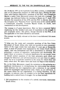 Message to the PAC on Sharpeville Day by Livingstone Mqotsi