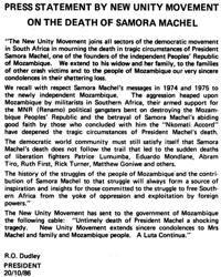 Press statement by New Unity Movement on the death of Samora Machel