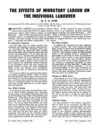 The effects of migratory labour on the individual labourer
