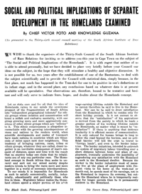 Social and political implications of separate development in the homelands examined