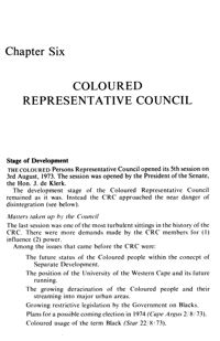 Chapter six: Coloured Representative Council
