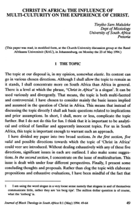 Christ in Africa: the influence of multi-culturity on the experience of Christ