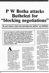 P W Botha attacks Buthelezi for blocking negotiations