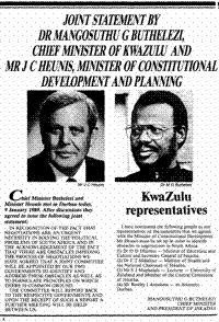 Joint statement by Dr Mangosuthu G Buthelezi, Chief Minister of KwaZulu and Mr J C Heunis, Minister of Constitutional Development and Planning