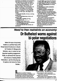 Dr Buthelezi warns against bi-polar negotiations: need to free restraints on economy