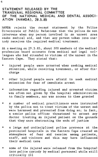 Statement released by the Transvaal Regional Committee of the National Medical and Dental Association (NAMDA), 29 May 1985