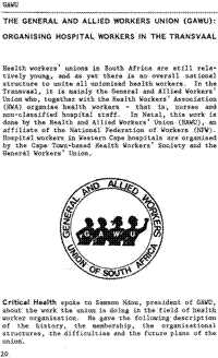 The General and Allied Workers Union (GAWU): organising hospital workers in the Transvaal