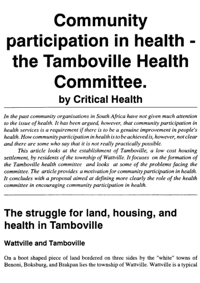 Community participation in health - the Tamboville Health Committee