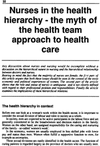 Nurses in the health hierachy - the myth of the health team approach to health care
