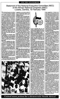 Statement of the National Executive Committee (NEC) of the African National Congress (ANC): Lusaka, Zambia, 16 February 1990