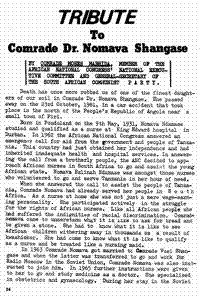 Tribute to Comrade Dr Nomava Shangase