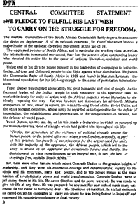 Central Committee statement: We pledge to fulfil his last wish to carry on the struggle for freedom