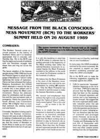 Message from the Black Consciousness Movement (BCM) to the Workers` Summit held on 26 August 1989