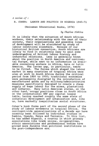Book review: A review of: R.Cohen: Labour and politics in Nigeria 1945-71
